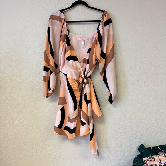 Hutch Geo Wrap Mini Dress Long Sleeve Patterned Pink Combo Size Medium Petite - Picture 3 of 6